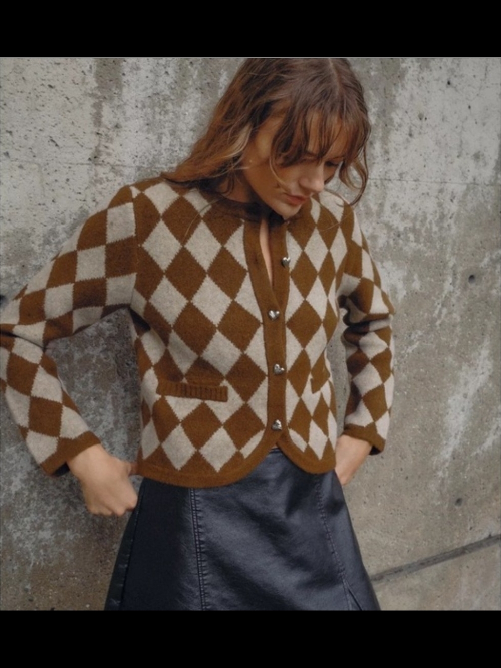 Zara Brown and Cream Argyle Cropped Cardigan Button Hearts L